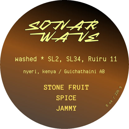 Sonar Wave label — washed coffee from Guichathaini AB, Nyeri, Kenya; stone fruit, spice, jammy